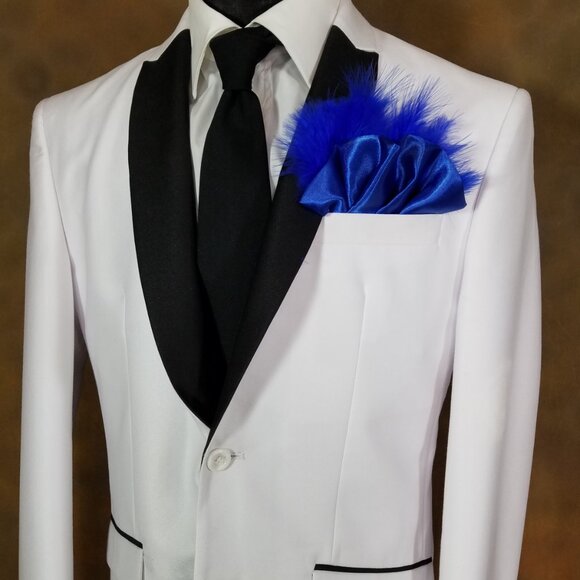 New - Royal Blue Satin Ruffle & Feather Pocket Square Insert - Picture 2 of 5